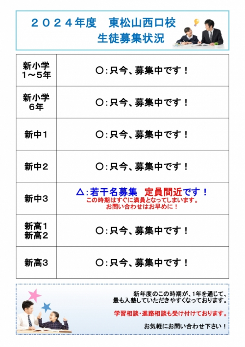 東松山西口校　２０２４年度の生徒募集について