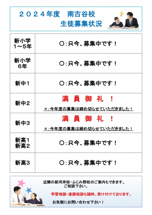 南古谷校　２０２４年度の生徒募集について