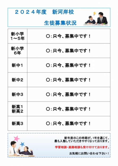 新河岸校　２０２４年度の生徒募集について