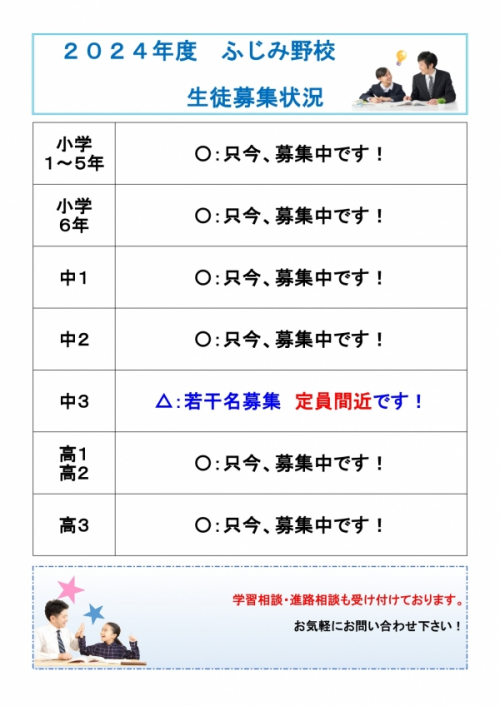 ふじみ野校：中学３年生　募集生徒数　定員間近です！