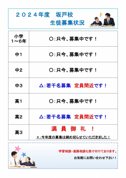 坂戸校：高校３年生が定員に達し、満席です！