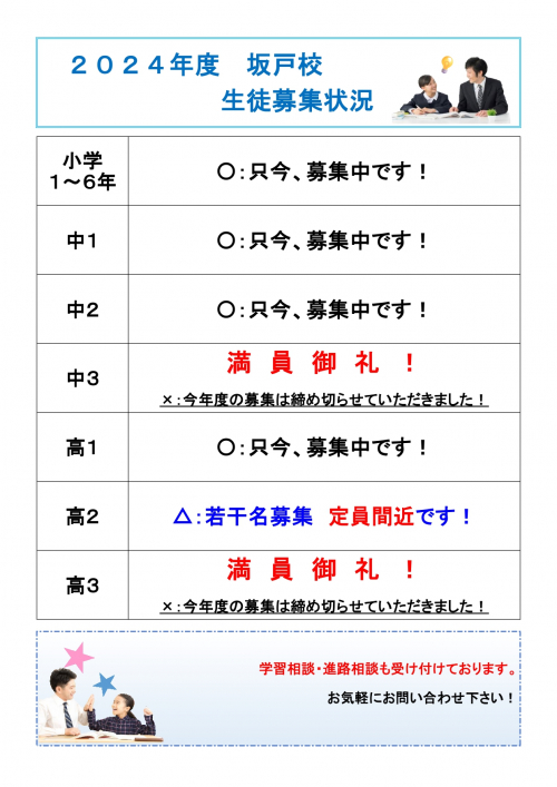 坂戸校：中学３年生が定員に達し、満席です！