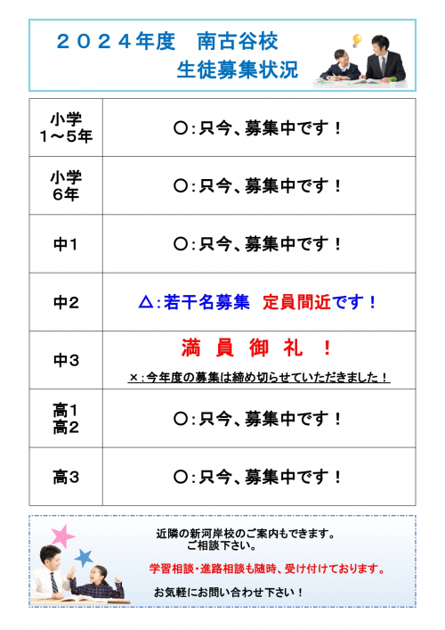 南古谷校：中学２年生　若干名募集します！